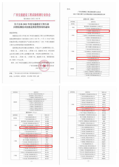 廣西路橋集團在2021年度交通建設工程行業回彈檢測技術技能競賽中榮獲佳績